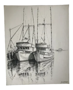 1970s Minimalist Nautical Pen and Acrylic Painting by Yanush Godlewski