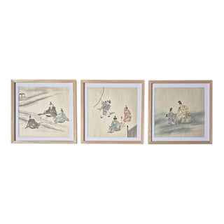 Set of 3 Antique Japanese Paintings Depicting the Art of Archery, Renga Poetry and Noble Lords – Newly Framed For Sale