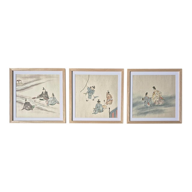 Set of 3 Antique Japanese Paintings Depicting the Art of Archery, Renga Poetry and Noble Lords – Newly Framed For Sale