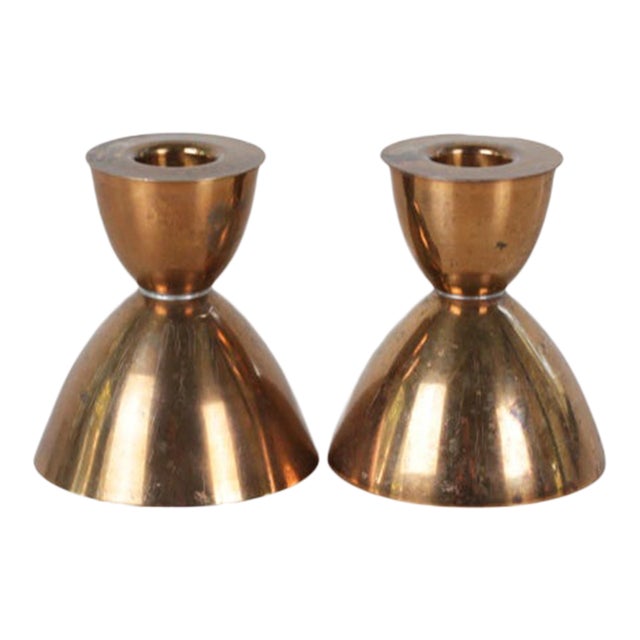 Mid-Century Modern Copper Hourglass Candle Holder Pair For Sale