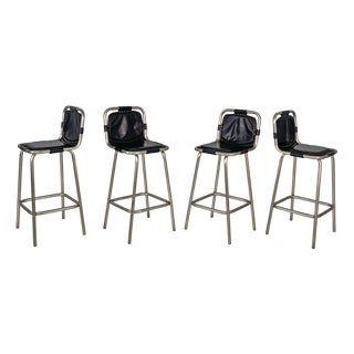 Italian Modern Stools in Metal and Black Leather, 1970s, Set of 4 For Sale