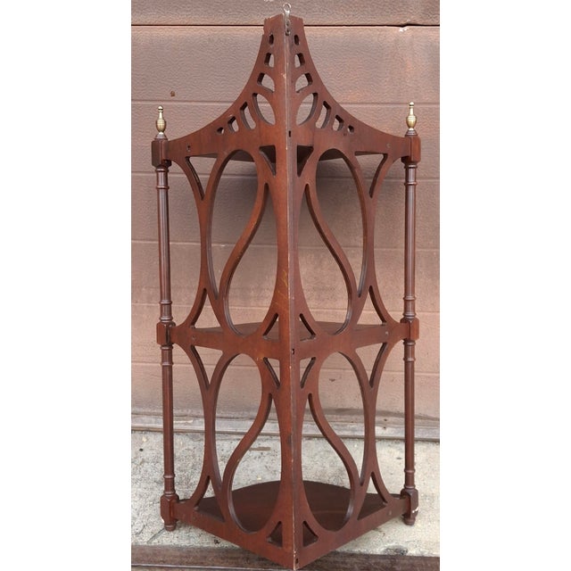 Wood Mid 20th Century Mahogany Corner Shelf Intricate Fretwork and Brass Finials For Sale - Image 7 of 7