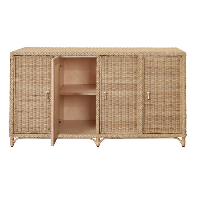 Worlds Away Matthew Izzo Home Evander Wrapped Rattan Four Door Buffet With Satin Brass Door Pulls For Sale - Image 4 of 8