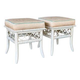 Vintage Coastal Rattan Ottomans or Footstools With Lattice Detail – Pair For Sale