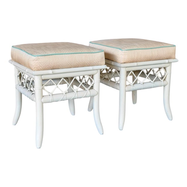 Vintage Coastal Rattan Ottomans or Footstools With Lattice Detail – Pair For Sale