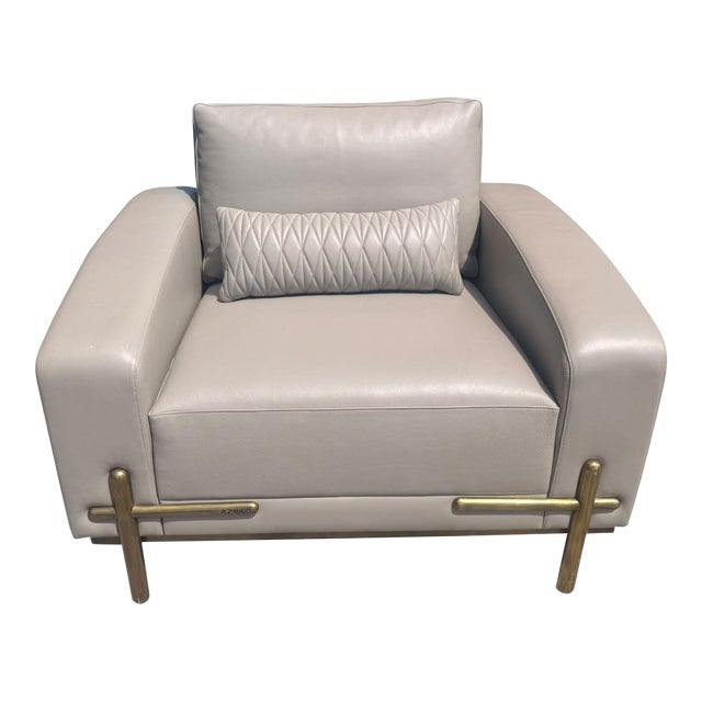 Theodore Alexander Contemporary Taupe Leather Lounge Chair With Brass Accents For Sale