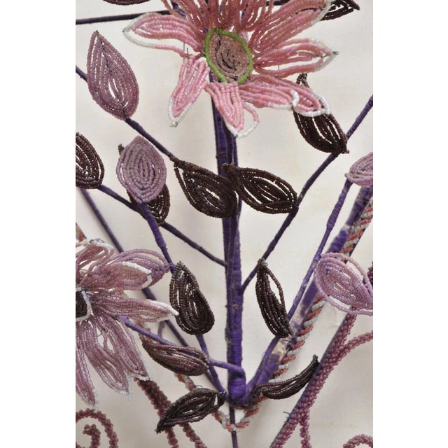 Metal Early 20th Century French Victorian Glass Beaded Purple Flower Casket Wreath Wall Art Sculpture (B) For Sale - Image 7 of 11