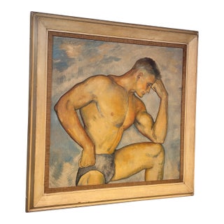 Large Oil Painting of a Handsome Muscular Man, Signed Fredrick Spraque 1949 For Sale