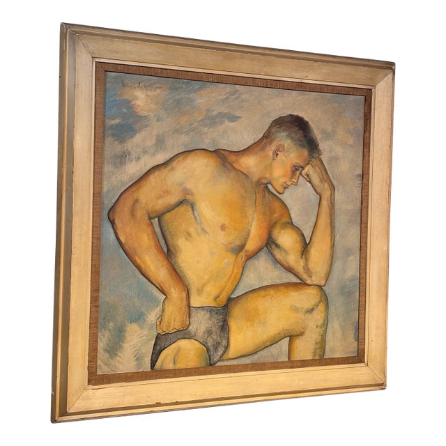 Large Oil Painting of a Handsome Muscular Man, Signed Fredrick Spraque 1949 For Sale