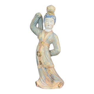 Antique Chinese Carved Wood Dancing Court Lady, Tang Style, Polychrome & Gilt, C. 1920s For Sale