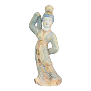 Antique Chinese Carved Wood Dancing Court Lady, Tang Style, Polychrome & Gilt, C. 1920s