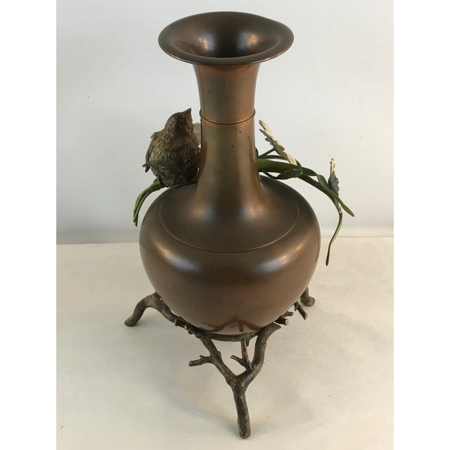 Viennese Cold Painted Applied Bird Flowers on Copper Vase For Sale - Image 10 of 13