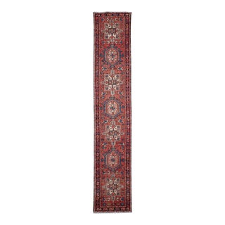 1960s Vintage Persian Heriz Handmade Red Tribal Wool Runner For Sale