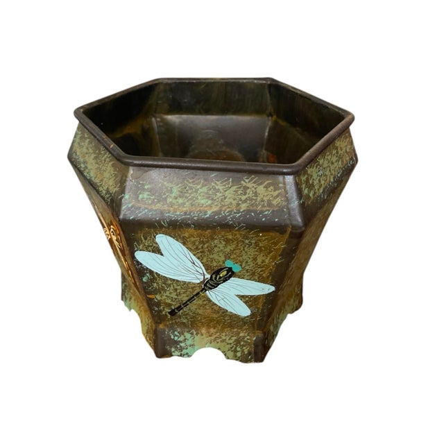 2000 - 2009 Vintage Hexagonal Verdigris Metal Cachepot With Butterfly and Dragonfly Motif For Sale - Image 5 of 12