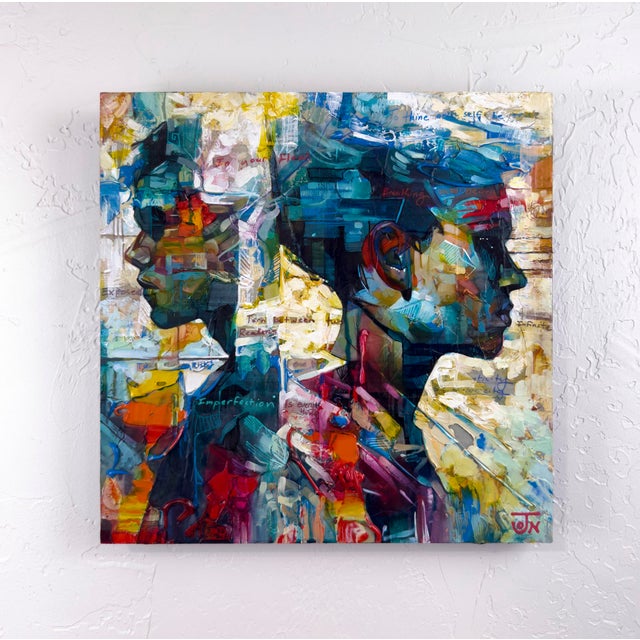Contemporary Two Worlds Apart by Jon Wassom | Mixed Media on Panel of two silhouetted profiles For Sale - Image 3 of 3