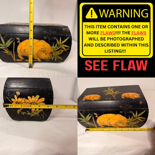 Vintage Hand Painted Chinese Wood Jewelry Box Black Lacquer Pig Flower Bamboo Red Interior For Sale - Image 10 of 13