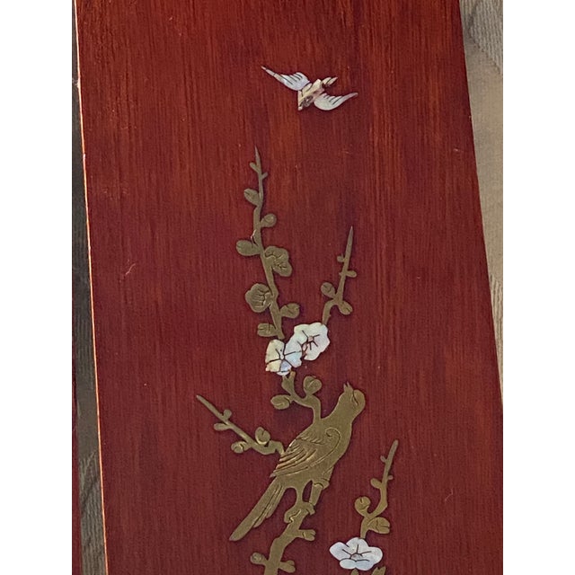 Set of 3 Vintage 1940s Chinoiserie Brass and Mop Inlaid Birds Flowers Panels For Sale - Image 6 of 11