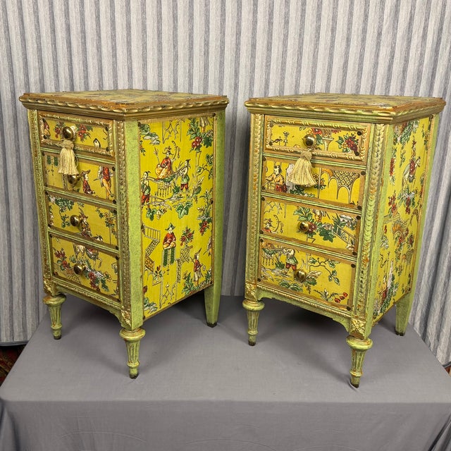 Early 20th Century Venetian Style Chartreuse Chinoiserie Cabinets / Nightstands - A Pair For Sale - Image 13 of 16