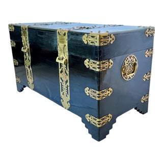 Chinese Black Lacquer Brass Bound Trunk, Early 20th C. For Sale