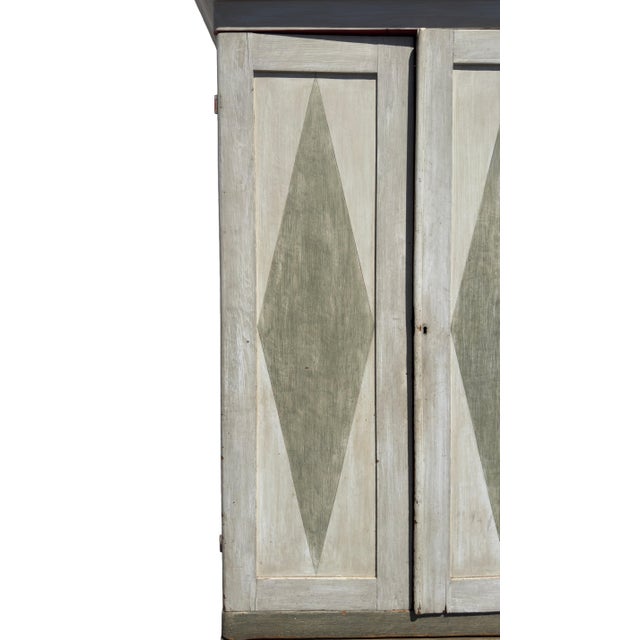 Antique Gustavian Style Painted Armoire With Painted Diamond Panels & Coral Interior For Sale In Los Angeles - Image 6 of 14