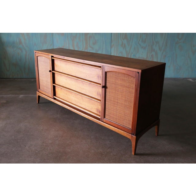 1960s Lane Rhythm Walnut and Cane Dresser Cabinet Credenza Mid Century Modern 66" For Sale - Image 10 of 14