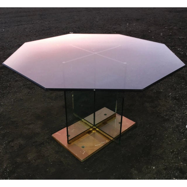 Metal Modern Brass & Glass X-Base Pedestal Dining Table Thick Octagonal Glass Top From Pace Collection For Sale - Image 7 of 13