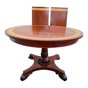 Baker Furniture Regency Style RoundBanded Mahogany Pedestal Extension Dining Room Table With 2 Leaves