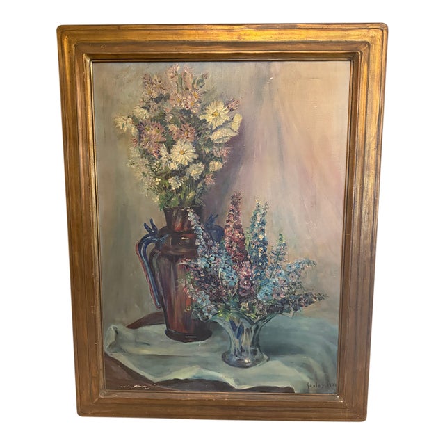Vintage 1938 Floral Still Life Oil Painting, Signed Ashley, in Gilt Wood Frame For Sale