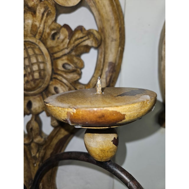 1980s Distress Painted and Carved Wood and Iron Two Arm Pricket Sconces - A Pair For Sale - Image 4 of 7