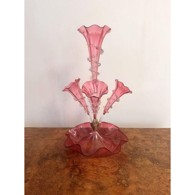 Antique Victorian Cranberry Glass Epergne, 1880, Set of 5 For Sale - Image 3 of 6