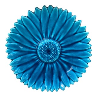 French Mid-Century Blue Majolica Daisy Plate Maunier Vallauris For Sale