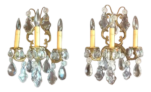 1920s French 3 Arm Brass and Crystal Sconces - a Pair