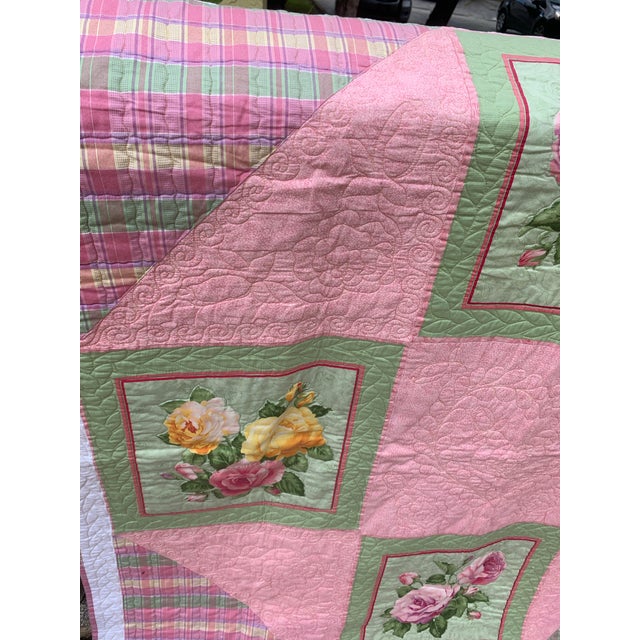 Vintage 1990’s Floral Patchwork Quilt Pink Green Yellow Roses Reversible to Pink Multi Seersucker Motifs 68” X 53” Twin For Sale In Miami - Image 6 of 12