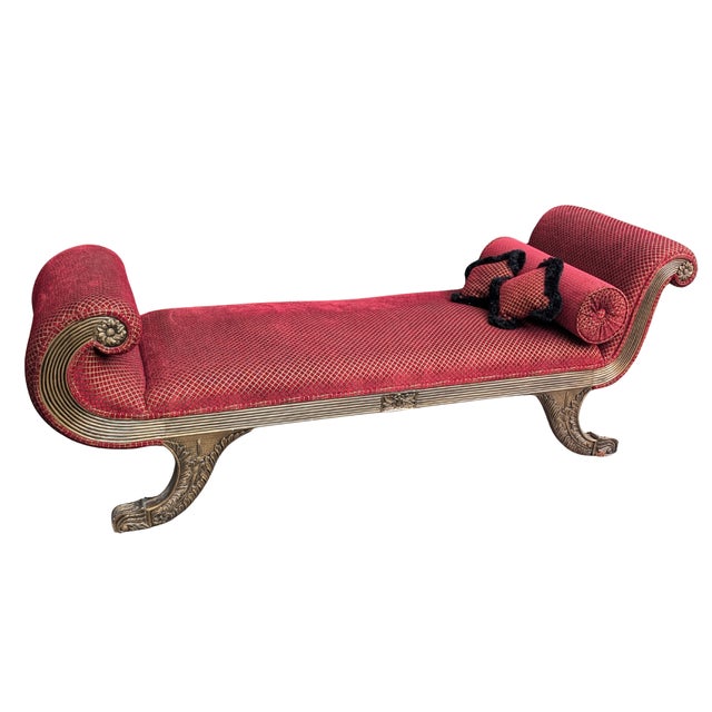Gorgeous Hollywood Regency style recamier sofa by Andre Originals. Red chenille with gold and black details. Hand carved...
