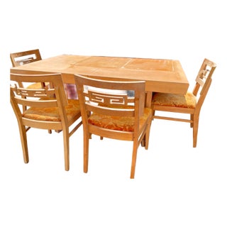 VTG Solid Wood Asian Motif Table and 6 Chairs With Orig Upholstery For Sale
