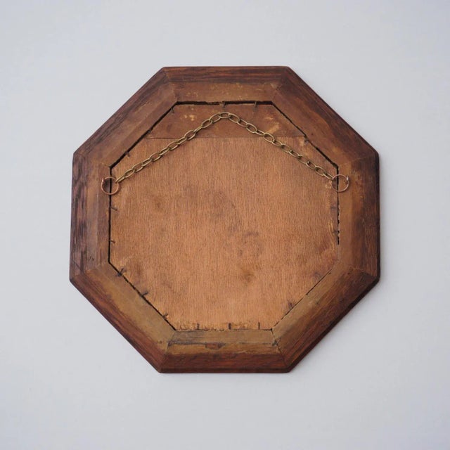 1930s English Art Deco Octagonal Bevelled Wall Mirror in Scalloped Solid Oak Frame For Sale - Image 9 of 10