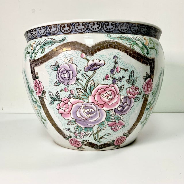 Ceramic Vintage Chinoiserie Boho Chic Hollywood Regency Pink Famille Rose Koi Fish Bowl Planter. For Sale - Image 7 of 13
