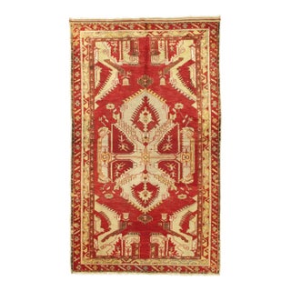 Antique Oushak Rug, Turkish Handmade Oriental Rug, Red, Beige, Bold Design 5x8 For Sale