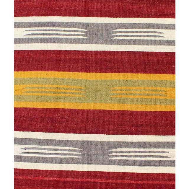 Mid 20th Century Mid 20th Century Vintage Turkish Kilim Runner With Stripes in Red Green Yellow Ivory and Gray For Sale - Image 4 of 8