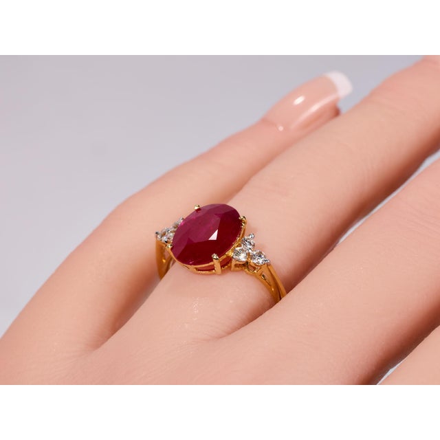 The Allyns Alley: Ladies 18K Yellow Gold Ring set with 3.44 CT Oval Ruby and Diamonds For Sale - Image 12 of 13