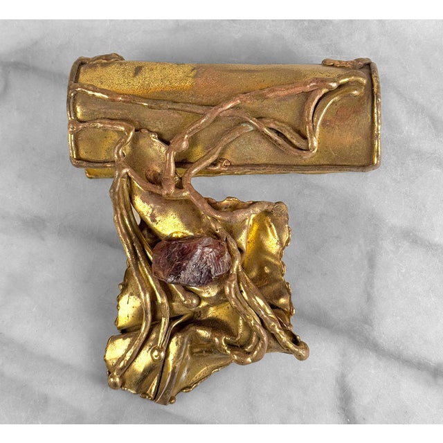 Vintage Brazilian Brutalist Brass & Amethyst Hand Bag Purse Clasp Topper For Sale - Image 4 of 9