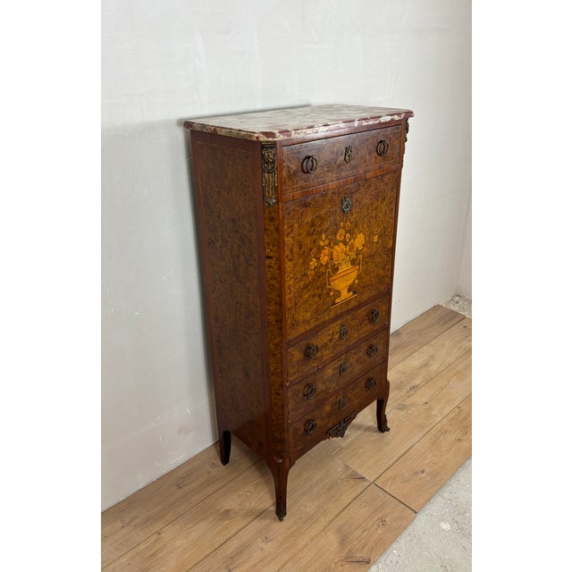 Brown French Louis XVI Style Burl Wood Secretary Chest with Marble Top, 1930s For Sale - Image 8 of 16
