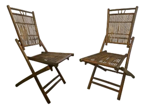 1960s Chairs Rattan Bamboo Pair French Modern Neoclassical Bamboo & Rattan Lounge /Side Chairs Folding Director Palm Beach Home Style