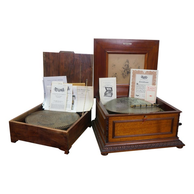 Antique Regina Double Comb 15.5" Music Box Player & 46 Records For Sale