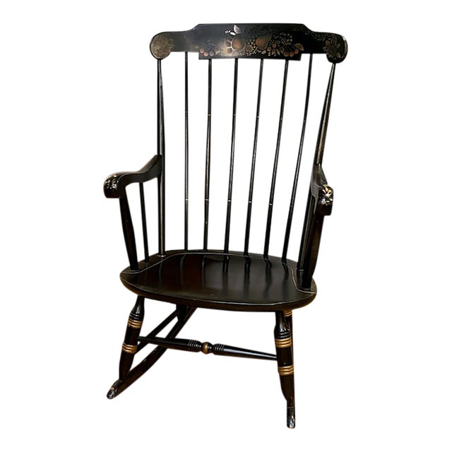 Vintage Nichols & Stone Windsor Rocking Chair – Black Hand-Painted Fruit Stencil, Gardner, Massachusetts For Sale