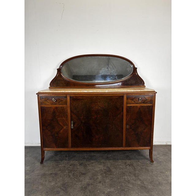 Art Nouveau Buffet in Burr Walnut with Marble Top and Oval Mirror, 1890s, in Very Good conditions. Designed 1890 to 1919