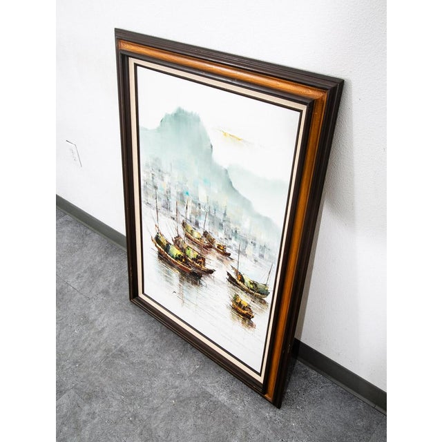 Mid Century Modern Original Art Boat Sailboat White Green Oil Canvas Signed Nm For Sale - Image 4 of 11