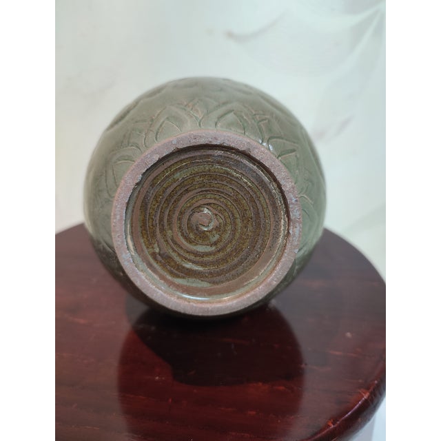 Early 20th Century Chinese Ceramic Vase Yaozhou Ware Celadon Vase Hand Carved Flowers Pattern For Sale - Image 5 of 12