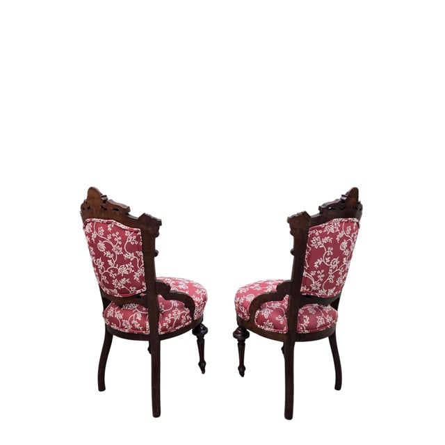 Antique Victorian Carved Walnut Parlor Chairs - Pair For Sale - Image 4 of 12