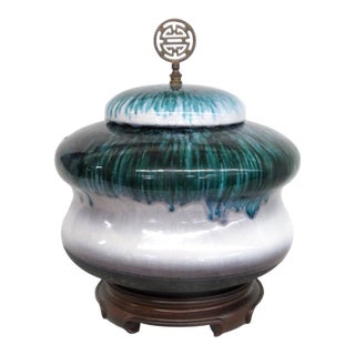 Tony Evans Raku Pottery Lidded Jar Drip Glaze Finish With Wood Display 4840b For Sale